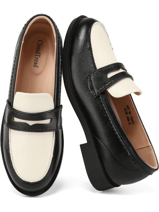 Shoes - Women's Black/White Leather Comfortable Moccasins Loafers & Slip-Ons Shoes